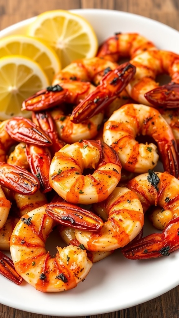 A plate of blackened shrimp with lemon wedges on a rustic wooden table.